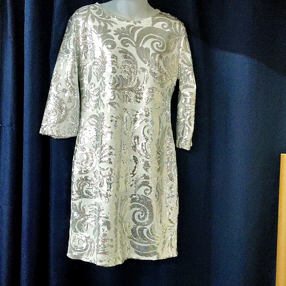 White and silver mini dress. Quarter sleeves with silver sequined designs.